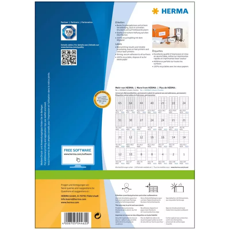 Etiqueta autocolante para impressora HERMA Labels Premium A4 105x37 mm