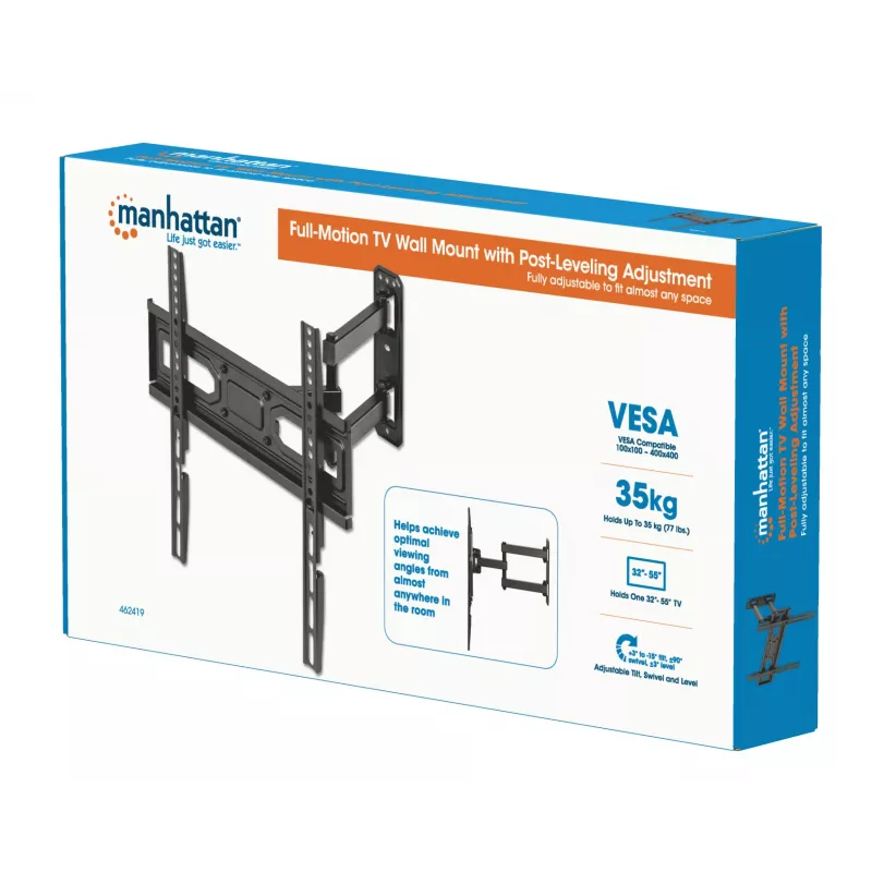 Suporte de parede Manhattan para TV e monitores (Full Motion), para ecrãs de 32 polegadas a 55 polegadas, compatibilidade VESA: todos entre 100x100 mm e 400x400 mm - verifique as dimensões dos quatro orifícios de montagem na parte traseira do ecrã para garantir que encaixa, máx. 35 kg, preto, suporte