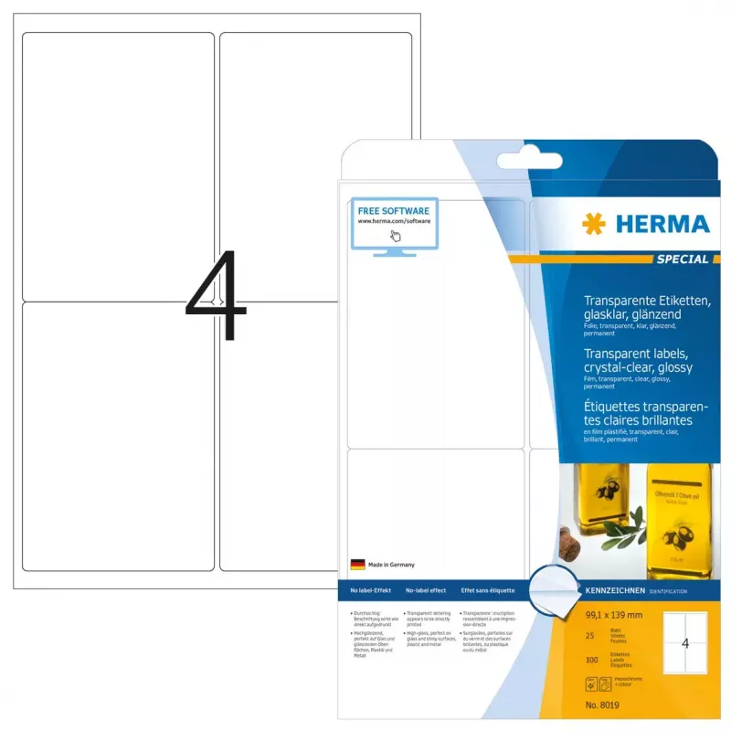 Etiqueta de impressora autoadesiva HERMA Labels transparente cristalino A4 99,1 x 139 mm