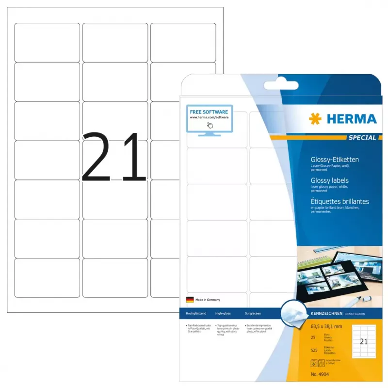 Etiqueta de impressora autoadesiva HERMA Labels A4 63,5x38,1 mm branco papel brilhante 525 unid.