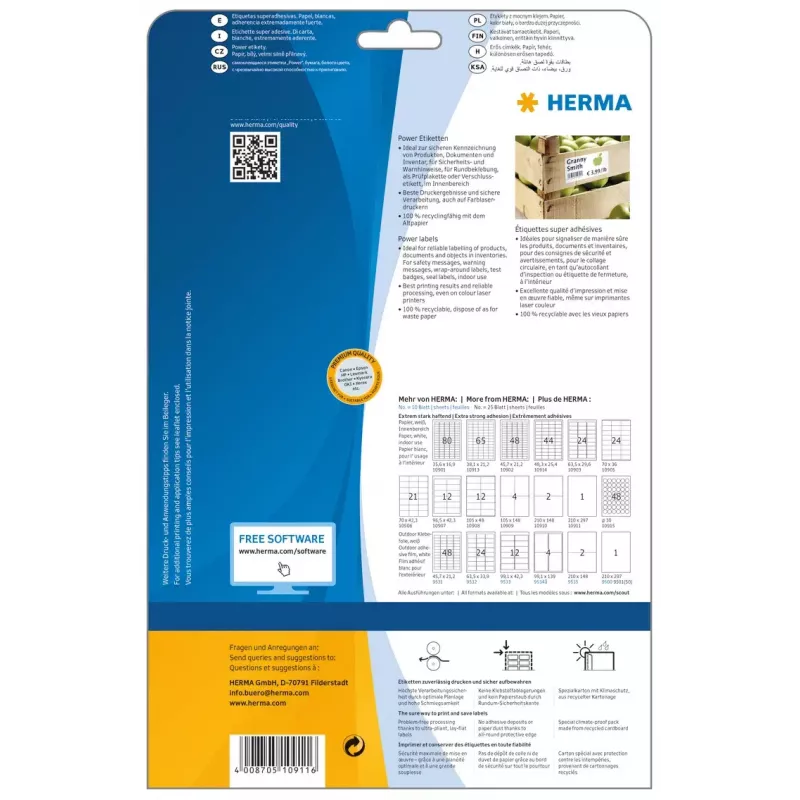 Etiqueta de impressora autoadesiva HERMA Labels A4 210x297 mm branco extra aderente papel mate 25 unid.