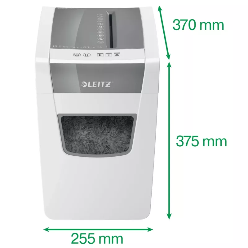 Destruidora de papel Leitz IQ slim home office P4, corte cruzado, 22 cm, 4 x 28 mm, 23 L, 225 folhas, 58 dB