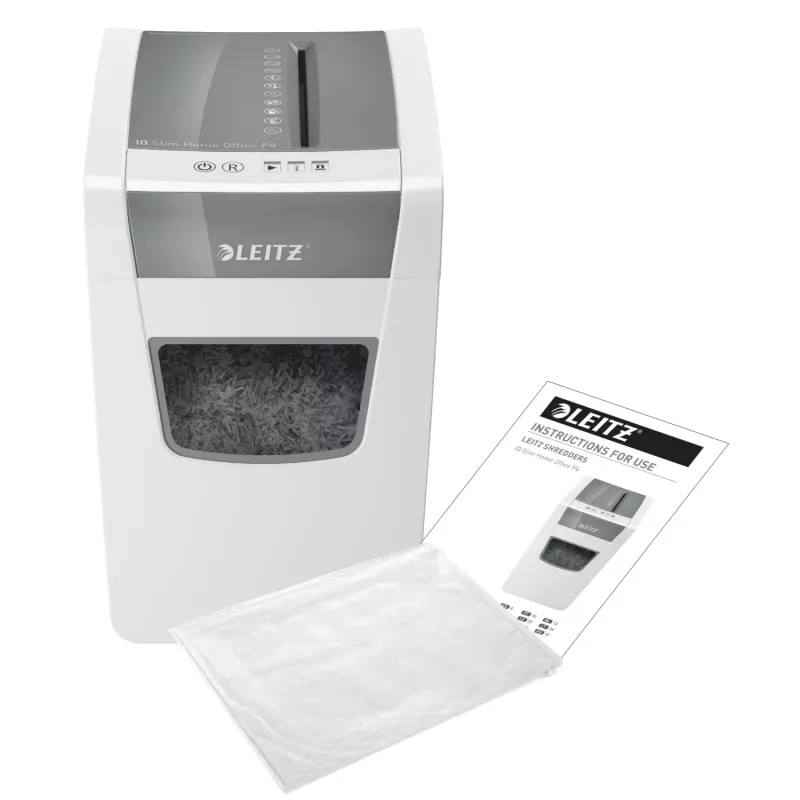 Destruidora de papel Leitz IQ slim home office P4, corte cruzado, 22 cm, 4 x 28 mm, 23 L, 225 folhas, 58 dB