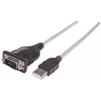 Cabo conversor Manhattan USB-A para série, 1,8 m, ficha macho para ficha macho, série/RS232/COM/DB9, chip Prolific PL-2303RA-C, cabo preto/prateado, três anos de garantia