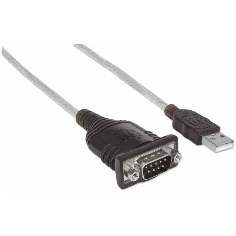 Cabo conversor Manhattan USB-A para série, 1,8 m, ficha macho para ficha macho, série/RS232/COM/DB9, chip Prolific PL-2303RA-C, cabo preto/prateado, três anos de garantia