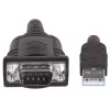 Cabo conversor Manhattan USB-A para série, 1,8 m, ficha macho para ficha macho, série/RS232/COM/DB9, chip Prolific PL-2303RA-C, cabo preto/prateado, três anos de garantia