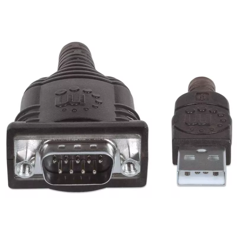 Cabo conversor Manhattan USB-A para série, 1,8 m, ficha macho para ficha macho, série/RS232/COM/DB9, chip Prolific PL-2303RA-C, cabo preto/prateado, três anos de garantia