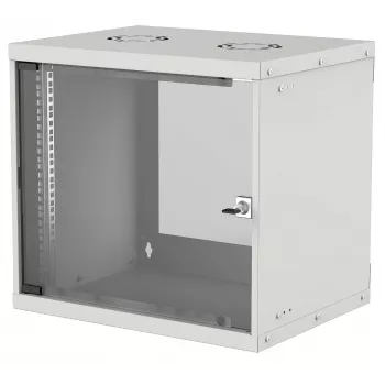 Armário de rede Intellinet 19 polegadas para montagem na parede (Basic), 9U, 560 mm de profundidade, cinzento, flatpack, máx. 50 kg, profundidade útil 500 mm, porta de vidro, rack 19 polegadas, peças para instalação na parede (por exemplo, parafusos e buchas) não incluídas