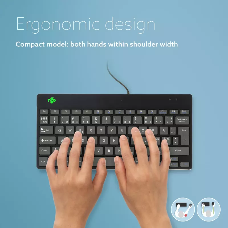 Teclado ergonómico R-Go Tools R-Go Compact Break, teclado compacto com software de pausas, QWERTY (NORDIC), com fios, preto