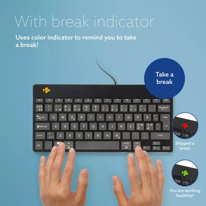 Teclado ergonómico R-Go Tools R-Go Compact Break, teclado compacto com software de pausas, QWERTY (NORDIC), com fios, preto