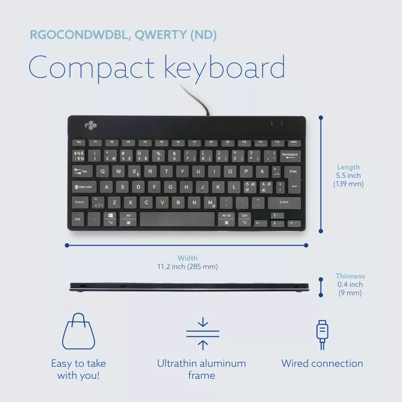 Teclado ergonómico R-Go Tools R-Go Compact Break, teclado compacto com software de pausas, QWERTY (NORDIC), com fios, preto
