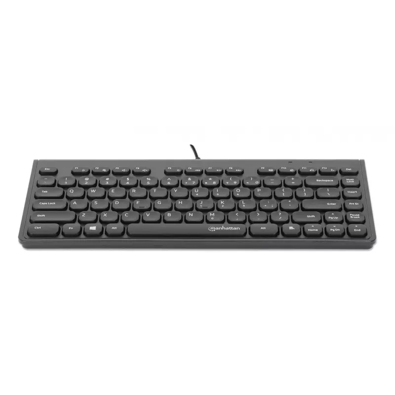 Teclado USB com fio compacto Manhattan, 12 teclas multimédia/função, cabo USB-A de 1,5 m integrado, formato low-profile compacto, para PC e portátil, preto