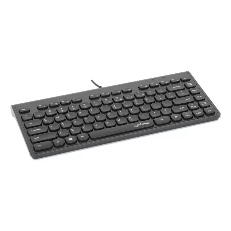 Teclado USB com fio compacto Manhattan, 12 teclas multimédia/função, cabo USB-A de 1,5 m integrado, formato low-profile compacto, para PC e portátil, preto