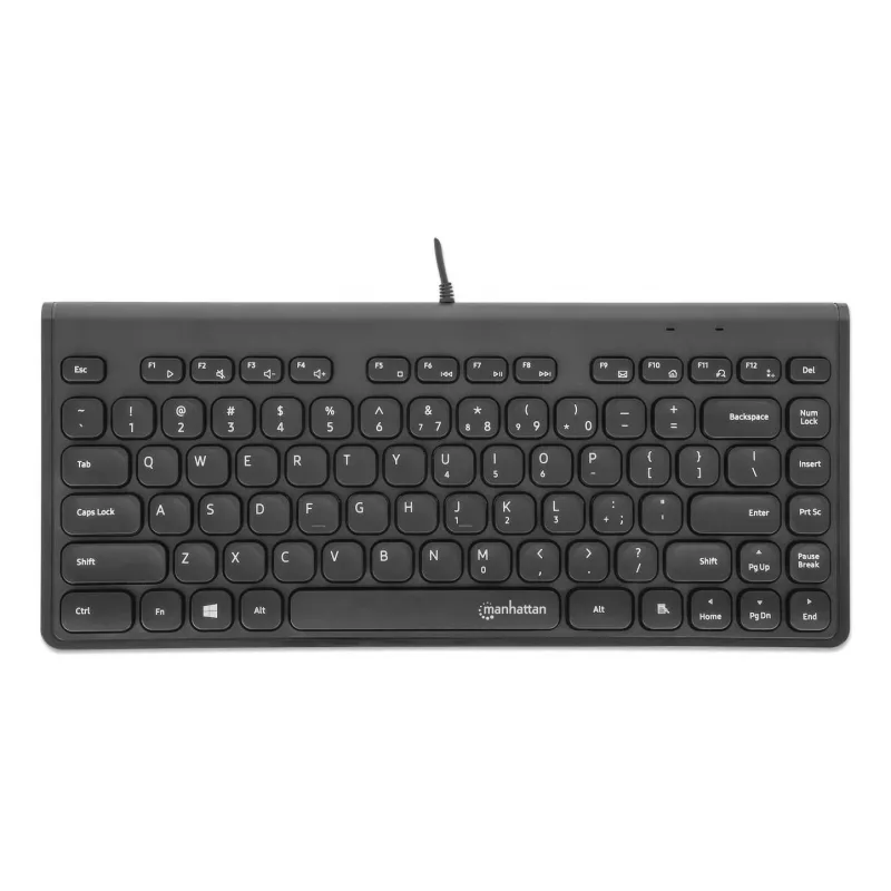 Teclado USB com fio compacto Manhattan, 12 teclas multimédia/função, cabo USB-A de 1,5 m integrado, formato low-profile compacto, para PC e portátil, preto