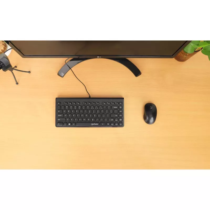 Teclado USB com fio compacto Manhattan, 12 teclas multimédia/função, cabo USB-A de 1,5 m integrado, formato low-profile compacto, para PC e portátil, preto
