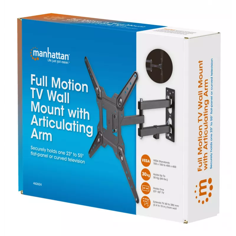 Suporte de parede Manhattan para TV e monitores (totalmente articulado), para ecrãs de 32 polegadas a 55 polegadas, compatibilidade VESA: tudo entre 100x100 mm e 400x400 mm – verifique as dimensões dos quatro orifícios de montagem na parte traseira do ecrã para garantir que encaixa, máx. 30 kg, preto, suporte