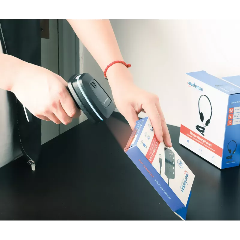Leitor de códigos de barras de mão sem fios 2D Manhattan, profundidade de leitura 250 mm, alcance efetivo até 80 m (linha de visão), luz ambiente máx. 100.000 lux (luz solar), preto, cabo de carregamento (USB-A para USB-C no dispositivo) 1 m incluído, três anos de garantia
