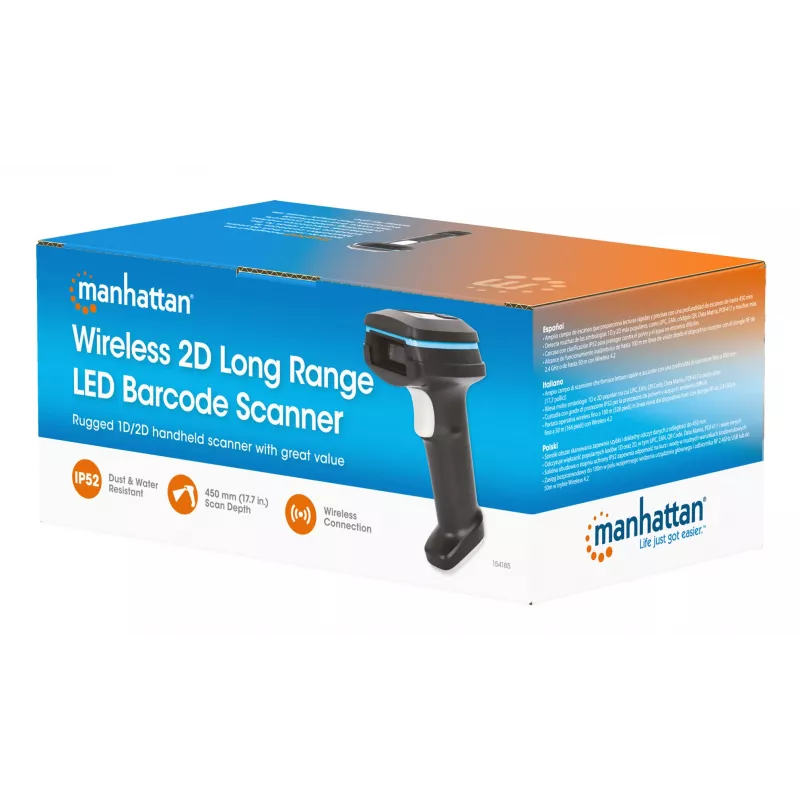 Leitor de códigos de barras de mão sem fios 2D Manhattan, profundidade de leitura 250 mm, alcance efetivo até 80 m (linha de visão), luz ambiente máx. 100.000 lux (luz solar), preto, cabo de carregamento (USB-A para USB-C no dispositivo) 1 m incluído, três anos de garantia