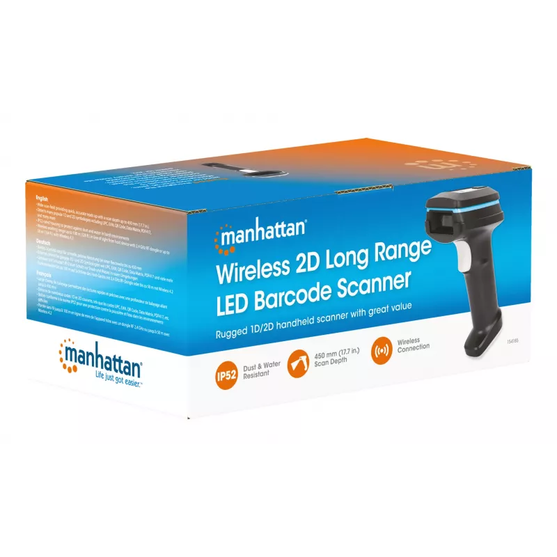 Leitor de códigos de barras de mão sem fios 2D Manhattan, profundidade de leitura 250 mm, alcance efetivo até 80 m (linha de visão), luz ambiente máx. 100.000 lux (luz solar), preto, cabo de carregamento (USB-A para USB-C no dispositivo) 1 m incluído, três anos de garantia