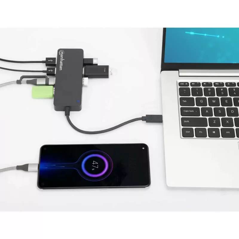 Dock/hub USB-C Manhattan, portas (x7): USB-A (x7), 5 Gbit/s (USB 3.2 Gen1, também conhecido como USB 3.0), fonte de alimentação externa não necessária, universal para todos os dispositivos, cabo 15 cm, SuperSpeed USB, preto, três anos de garantia