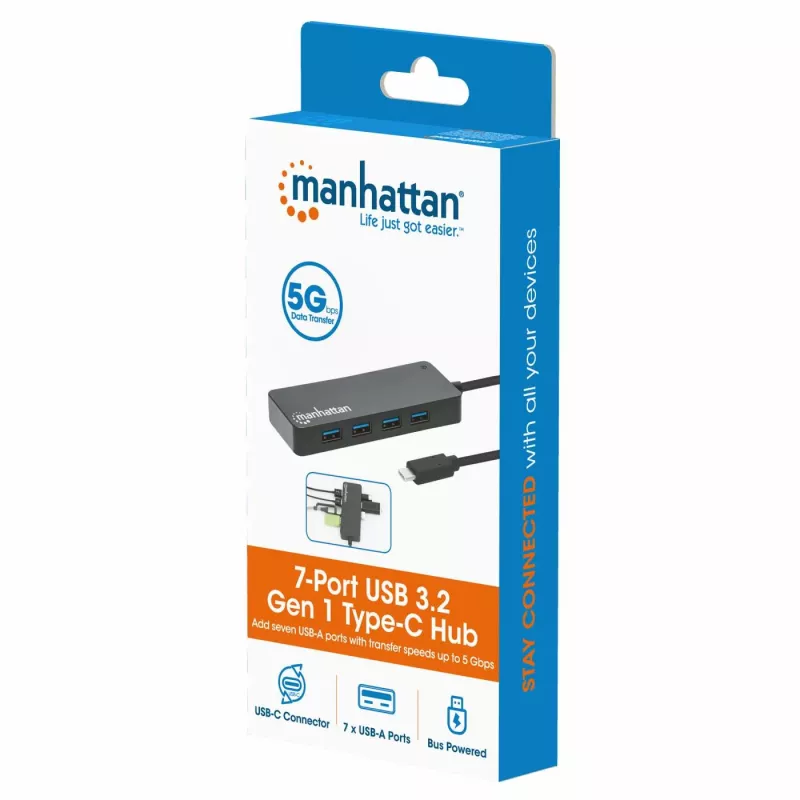 Dock/hub USB-C Manhattan, portas (x7): USB-A (x7), 5 Gbit/s (USB 3.2 Gen1, também conhecido como USB 3.0), fonte de alimentação externa não necessária, universal para todos os dispositivos, cabo 15 cm, SuperSpeed USB, preto, três anos de garantia