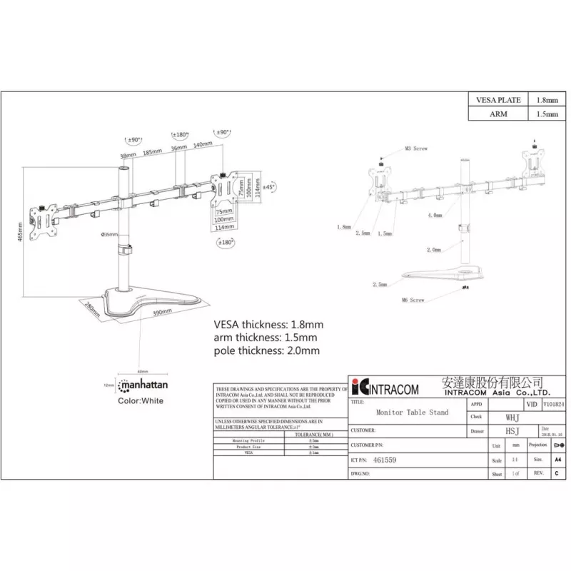 Suporte de secretária duplo Manhattan para TV e monitores (movimento total), montagem em suporte, para ecrãs: 10-27 polegadas, compatibilidade VESA: 75x75 e 100x100 mm - verifique as dimensões dos quatro orifícios de montagem na parte traseira do ecrã para garantir que encaixam, máx. 8 kg (cada), preto, suporte