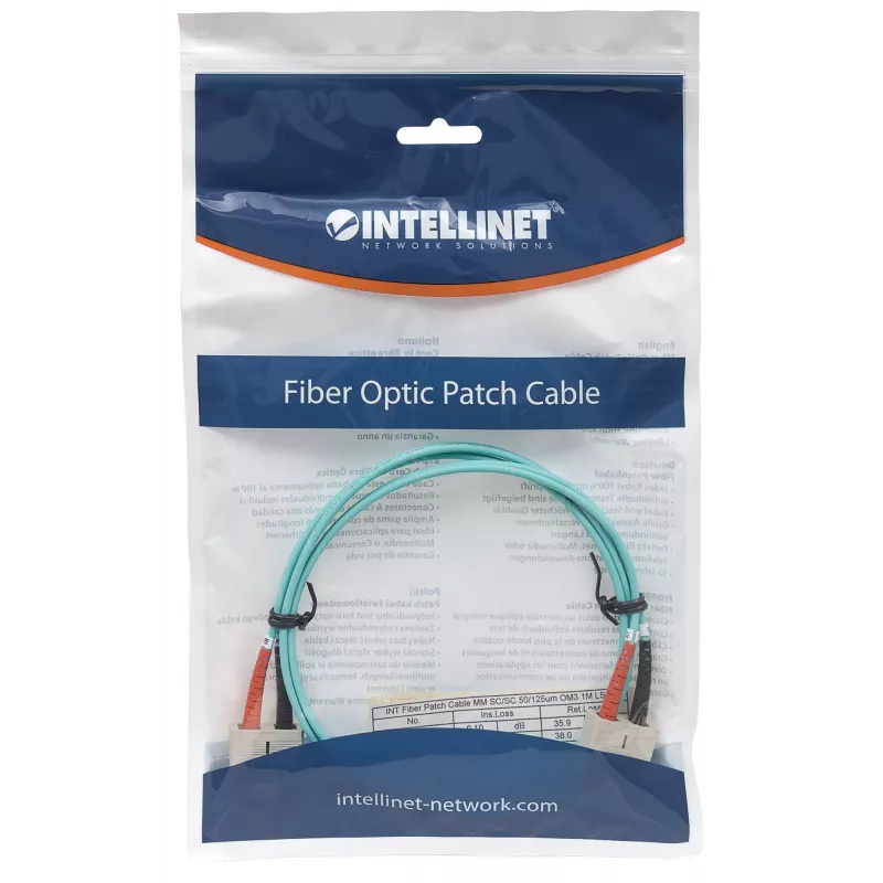 Cabo de rede patch de fibra ótica Intellinet, OM3, SC/SC, 5m, aqua, duplex, multimodo, 50/125 µm, LSZH, fibra ótica, garantia vitalícia