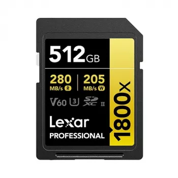 Cartão Lexar Professional 1800x 512 GB UHS-II SDXC (série GOLD), até 280 MB/s de leitura, 205 MB/s de escrita, V60, U3, classe 10, para câmaras DSLR/sem espelho