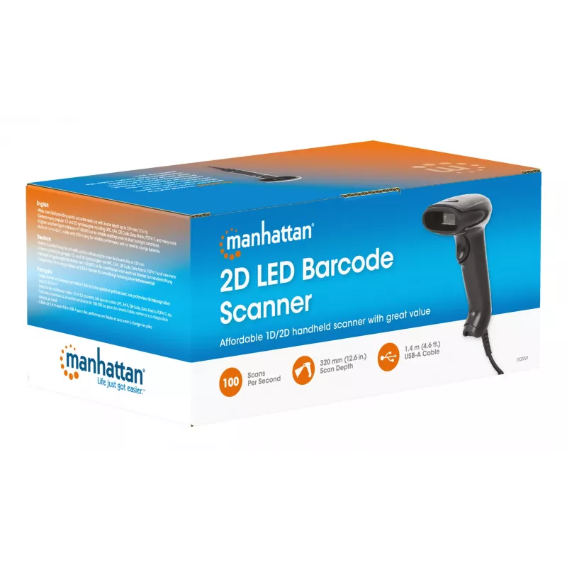 Manhattan Leitor de códigos de barras 2D LED portátil 153997, USB-A, alcance de leitura 320 mm, cabo de 1,4 m, preto