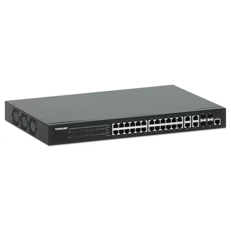 Intellinet switch Gigabit Ethernet PoE+ de 24 portas gerido via web com 4 portas Gigabit Combo Base-T/SFP, conforme IEEE 802.3at/af Power over Ethernet (PoE+/PoE), 370 W, Endspan, montagem em rack 19