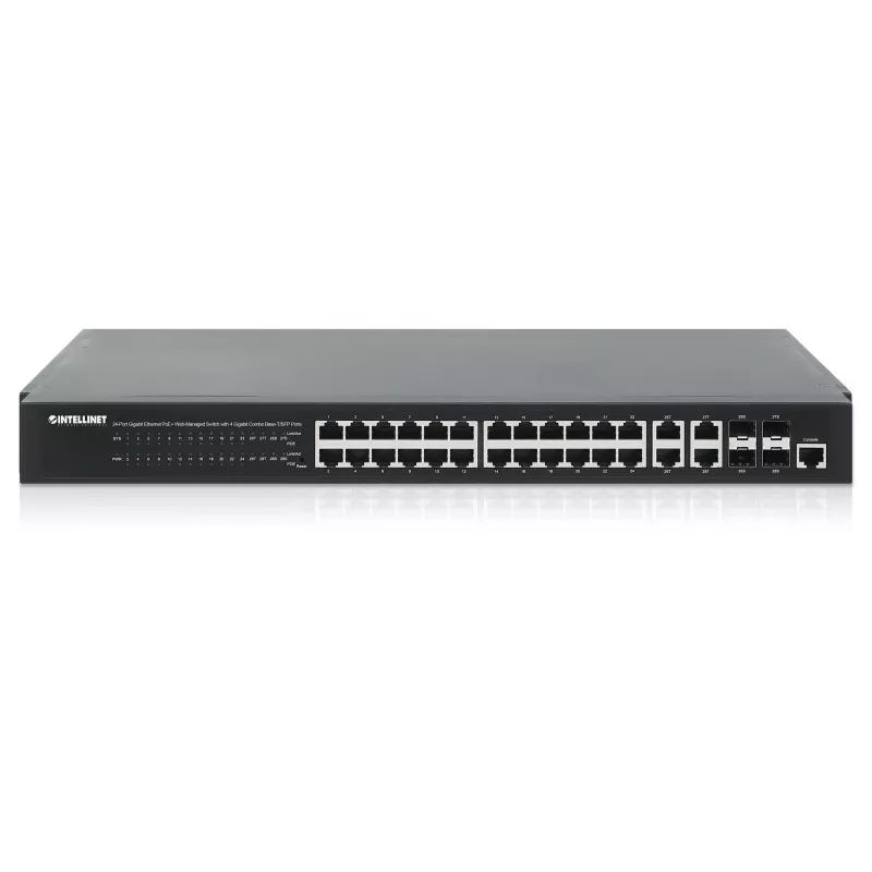Intellinet switch Gigabit Ethernet PoE+ de 24 portas gerido via web com 4 portas Gigabit Combo Base-T/SFP, conforme IEEE 802.3at/af Power over Ethernet (PoE+/PoE), 370 W, Endspan, montagem em rack 19