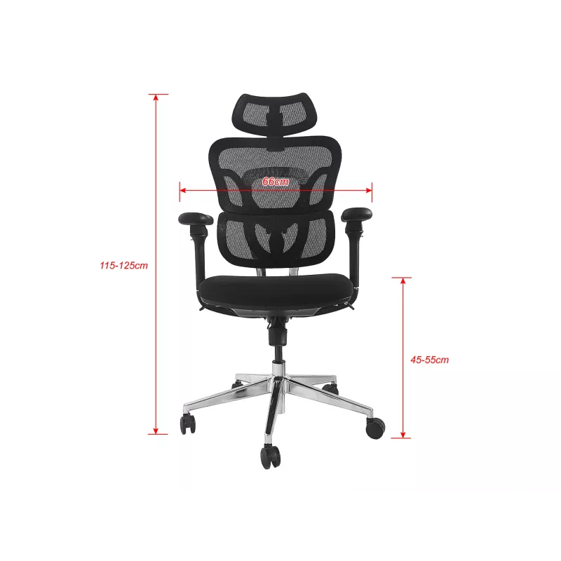 Cadeira de escritório ergonómica EQUIP 651053 com apoio de cabeça e braços, encosto em malha, assento acolchoado, altura ajustável 117–135 cm, largura 660 mm, preta