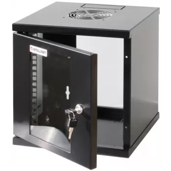 Armário de rede Intellinet 10 polegadas – montagem na parede (standard), 6HE, 300 mm de profundidade, preto, montado, máx. 60 kg, também adequado para colocação em mesa ou chão, profundidade útil 265 mm, porta de metal e vidro, painel traseiro, laterais removíveis, peças para montagem na parede (por ex. parafusos/buchas) não incluídas