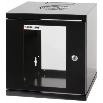 Armário de rede Intellinet 10 polegadas – montagem na parede (standard), 6HE, 300 mm de profundidade, preto, montado, máx. 60 kg, também adequado para colocação em mesa ou chão, profundidade útil 265 mm, porta de metal e vidro, painel traseiro, laterais removíveis, peças para montagem na parede (por ex. parafusos/buchas) não incluídas