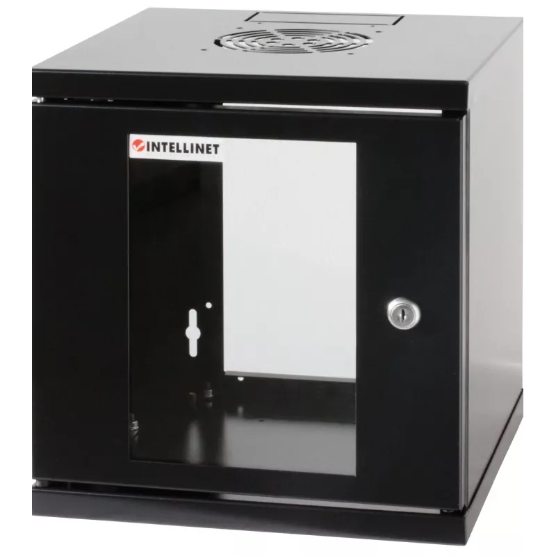 Armário de rede Intellinet 10 polegadas – montagem na parede (standard), 6HE, 300 mm de profundidade, preto, montado, máx. 60 kg, também adequado para colocação em mesa ou chão, profundidade útil 265 mm, porta de metal e vidro, painel traseiro, laterais removíveis, peças para montagem na parede (por ex. parafusos/buchas) não incluídas