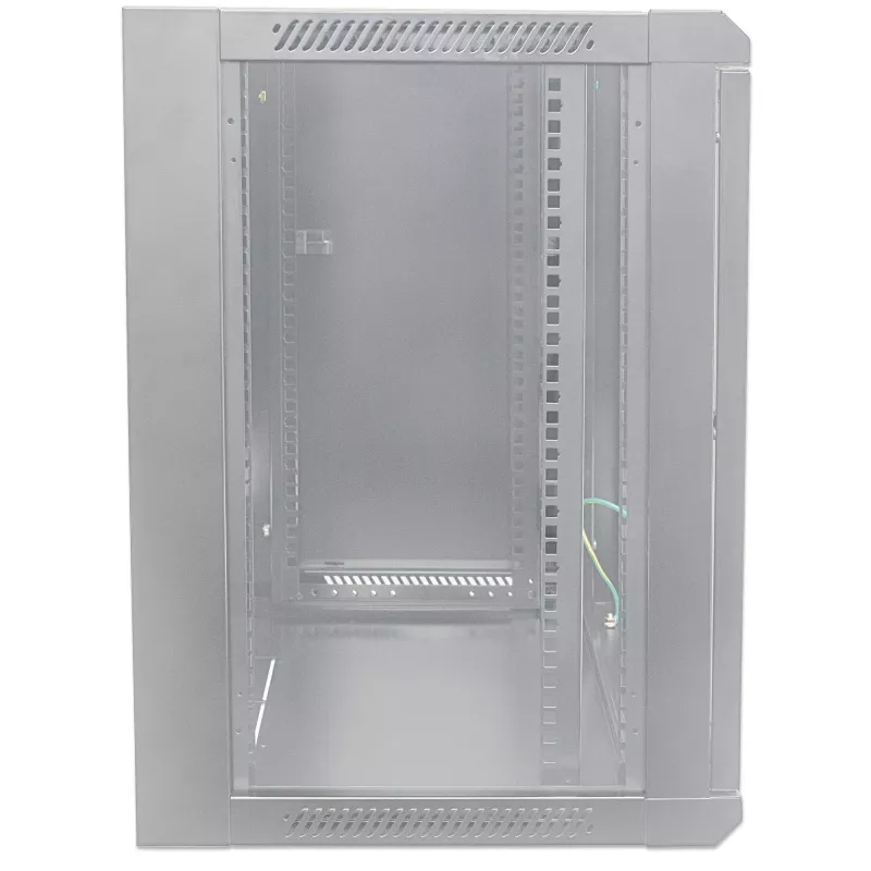 Armário de rede Intellinet 19 polegadas - montagem na parede (standard), 9HE, 600 mm de profundidade, cinzento, Flatpack, máx. 60 kg, também utilizável como equipamento de mesa ou de chão, profundidade útil 410 mm, porta de metal e vidro, painel traseiro, laterais removíveis, peças para montagem na parede (por ex. parafusos/buchas) não incluídas
