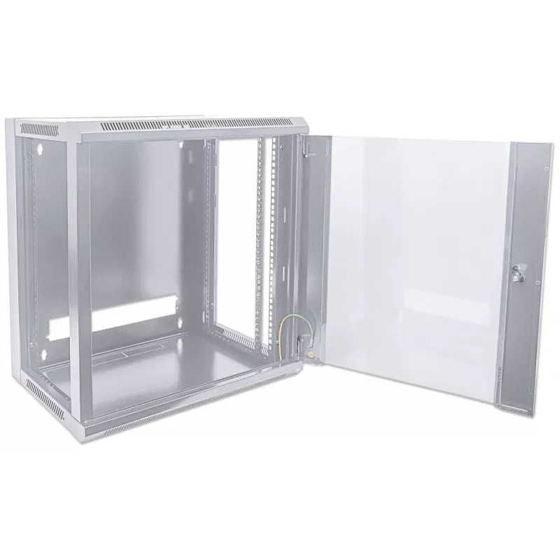 Armário de rede Intellinet 19 polegadas - montagem na parede (standard), 9HE, 600 mm de profundidade, cinzento, Flatpack, máx. 60 kg, também utilizável como equipamento de mesa ou de chão, profundidade útil 410 mm, porta de metal e vidro, painel traseiro, laterais removíveis, peças para montagem na parede (por ex. parafusos/buchas) não incluídas