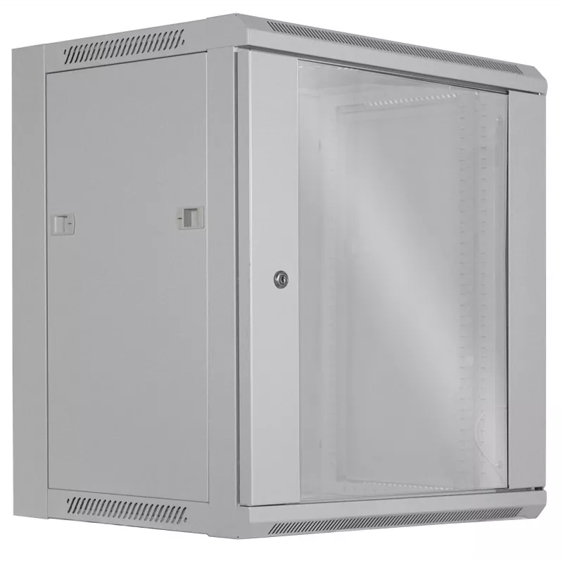 Armário de rede Intellinet 19 polegadas – montagem na parede (standard), 12HE, 450 mm de profundidade, cinzento, desmontado, máx. 60 kg, também adequado para colocação em mesa ou chão, profundidade útil 260 mm, porta de metal e vidro, painel traseiro, painéis laterais removíveis, peças de montagem na parede (por ex. parafusos/buchas) não incluídas