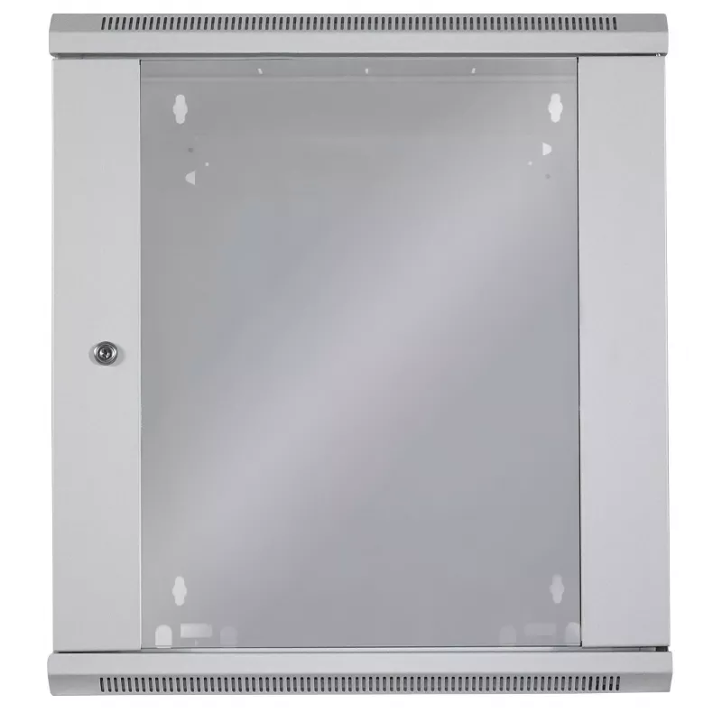 Armário de rede Intellinet 19 polegadas – montagem na parede (standard), 12HE, 450 mm de profundidade, cinzento, desmontado, máx. 60 kg, também adequado para colocação em mesa ou chão, profundidade útil 260 mm, porta de metal e vidro, painel traseiro, painéis laterais removíveis, peças de montagem na parede (por ex. parafusos/buchas) não incluídas