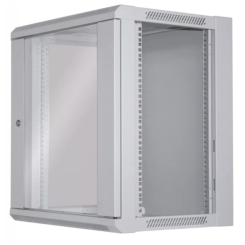Armário de rede Intellinet 19 polegadas – montagem na parede (standard), 12HE, 450 mm de profundidade, cinzento, desmontado, máx. 60 kg, também adequado para colocação em mesa ou chão, profundidade útil 260 mm, porta de metal e vidro, painel traseiro, painéis laterais removíveis, peças de montagem na parede (por ex. parafusos/buchas) não incluídas
