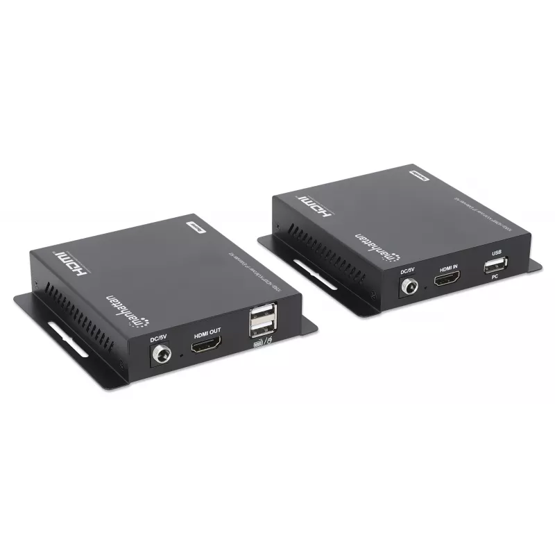 Manhattan 1080p HDMI KVM over IP Extender Kit, estende sinal 1080p@60Hz até 120m com um único cabo Ethernet Cat6 ou uma rede compatível com IP, transmissor e recetor, portas USB-A para PC/rato/teclado, preto, três anos de garantia