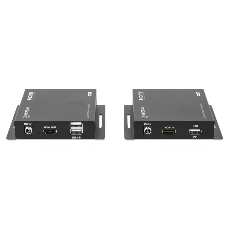 Manhattan 1080p HDMI KVM over IP Extender Kit, estende sinal 1080p@60Hz até 120m com um único cabo Ethernet Cat6 ou uma rede compatível com IP, transmissor e recetor, portas USB-A para PC/rato/teclado, preto, três anos de garantia