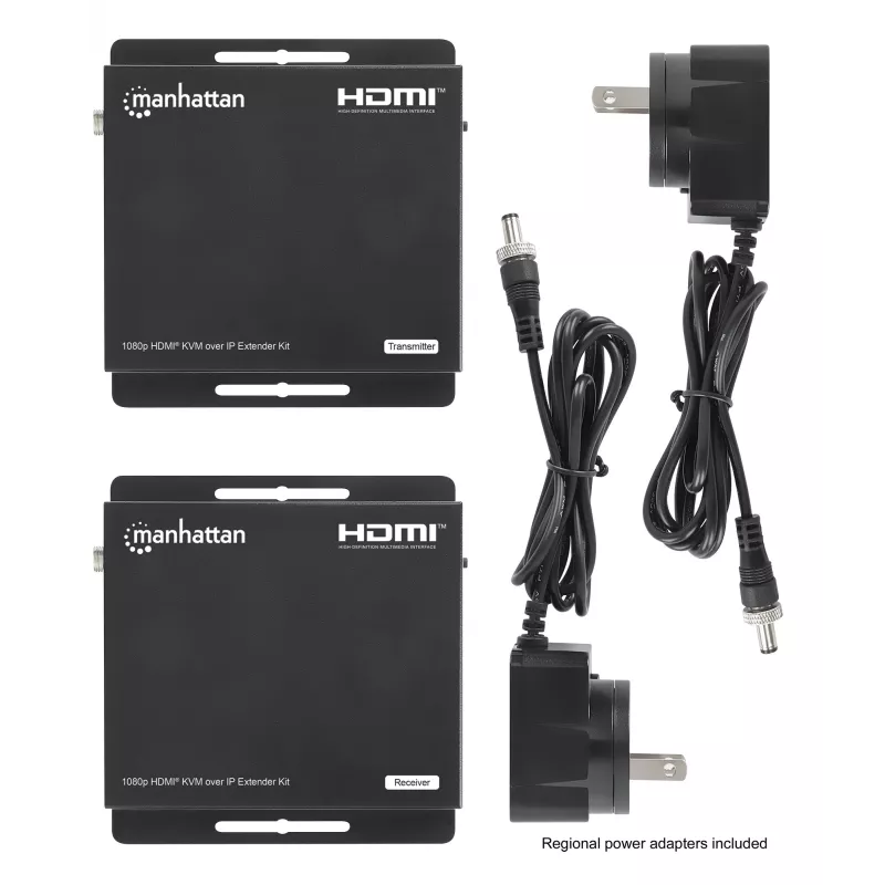 Manhattan 1080p HDMI KVM over IP Extender Kit, estende sinal 1080p@60Hz até 120m com um único cabo Ethernet Cat6 ou uma rede compatível com IP, transmissor e recetor, portas USB-A para PC/rato/teclado, preto, três anos de garantia