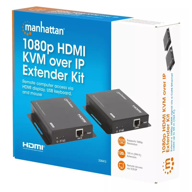 Manhattan 1080p HDMI KVM over IP Extender Kit, estende sinal 1080p@60Hz até 120m com um único cabo Ethernet Cat6 ou uma rede compatível com IP, transmissor e recetor, portas USB-A para PC/rato/teclado, preto, três anos de garantia