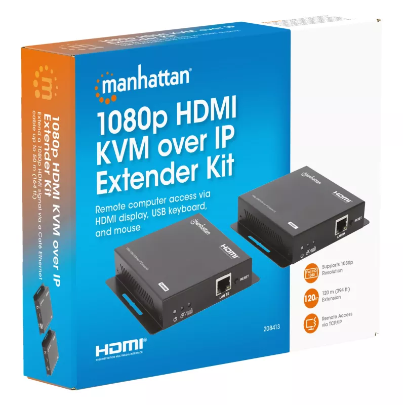 Manhattan 1080p HDMI KVM over IP Extender Kit, estende sinal 1080p@60Hz até 120m com um único cabo Ethernet Cat6 ou uma rede compatível com IP, transmissor e recetor, portas USB-A para PC/rato/teclado, preto, três anos de garantia