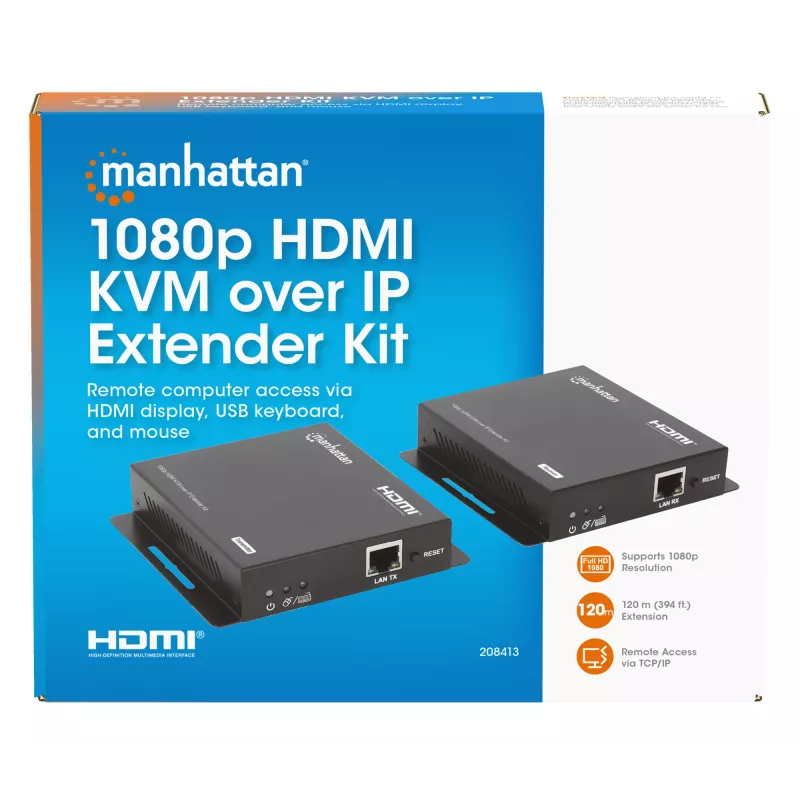 Manhattan 1080p HDMI KVM over IP Extender Kit, estende sinal 1080p@60Hz até 120m com um único cabo Ethernet Cat6 ou uma rede compatível com IP, transmissor e recetor, portas USB-A para PC/rato/teclado, preto, três anos de garantia