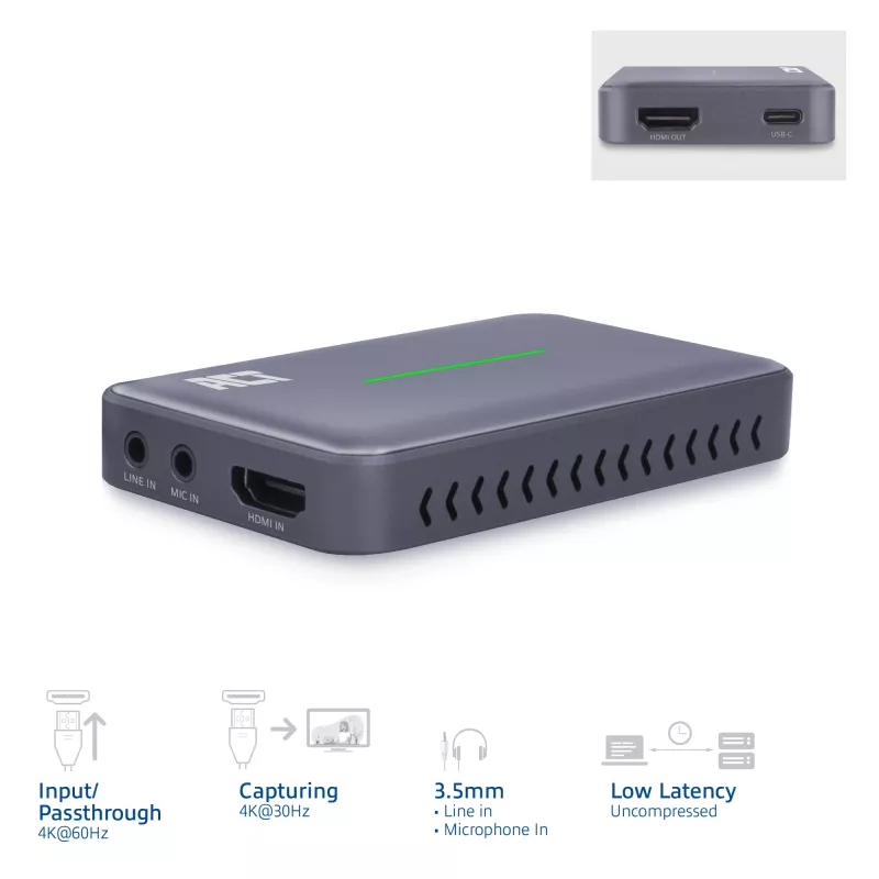 ACT placa de captura de vídeo USB-C, passagem HDMI 4K@60Hz, gravação 4K@30Hz