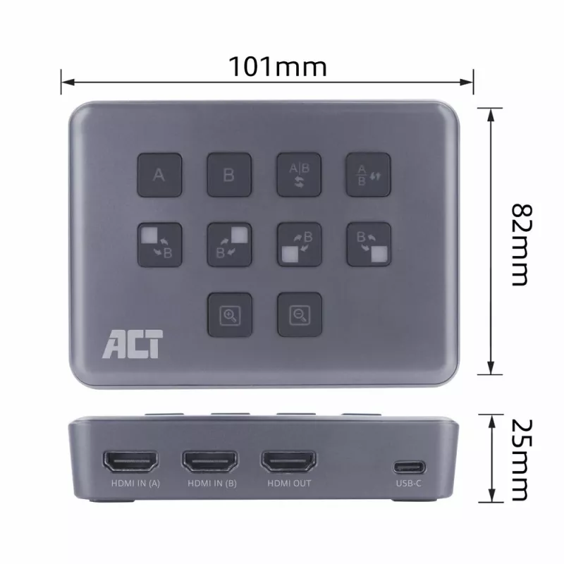 ACT comutador de vídeo USB-C com entrada HDMI dupla 60Hz cinzento