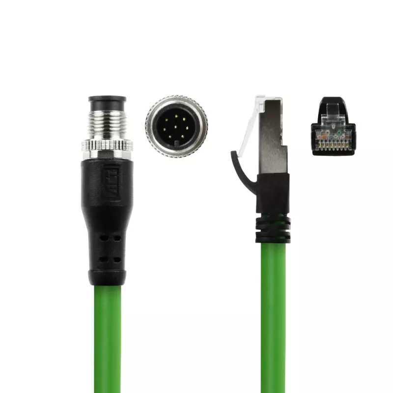 Cabo de sensor industrial ACT 15,00 metros M12A de 8 pinos ficha macho para ficha macho RJ45, cabo Ultraflex SF/UTP TPE, blindado