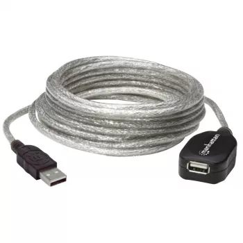 Cabo de extensão Manhattan USB-A para USB-A, 5 m, ficha para conector fêmea, ativo, prateado transparente, 480 Mbit/s (USB 2.0), empilhável, repetidor integrado, Hi-Speed USB, três anos de garantia